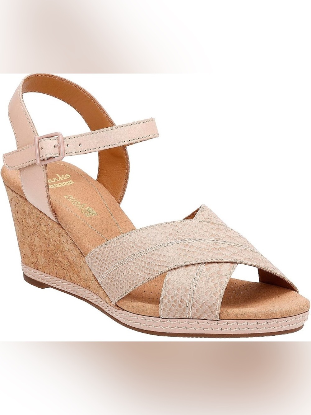 Clarks Beige Snakeskin Open Toe Wedge Sandal with Strap Size-8.5 Resort Wear